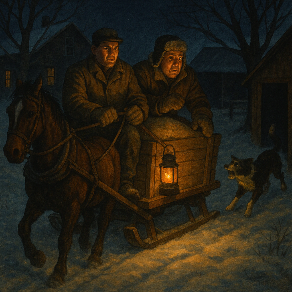 Charlie and Nels on a grain-laden sled at night, confronted by a barking dog, in "The Greatest Of These"