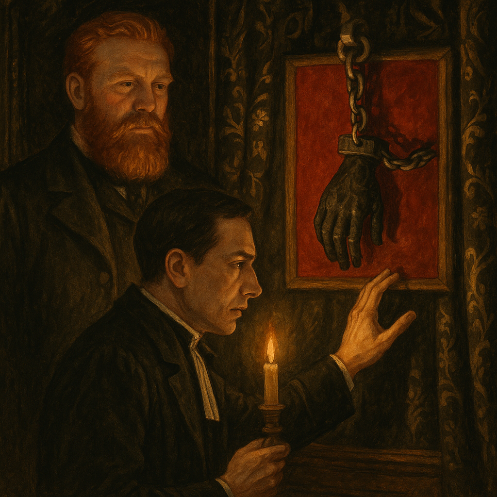 A man examines a dried severed hand chained to a wall in a dark parlor — a scene from The Hand by Guy de Maupassant.