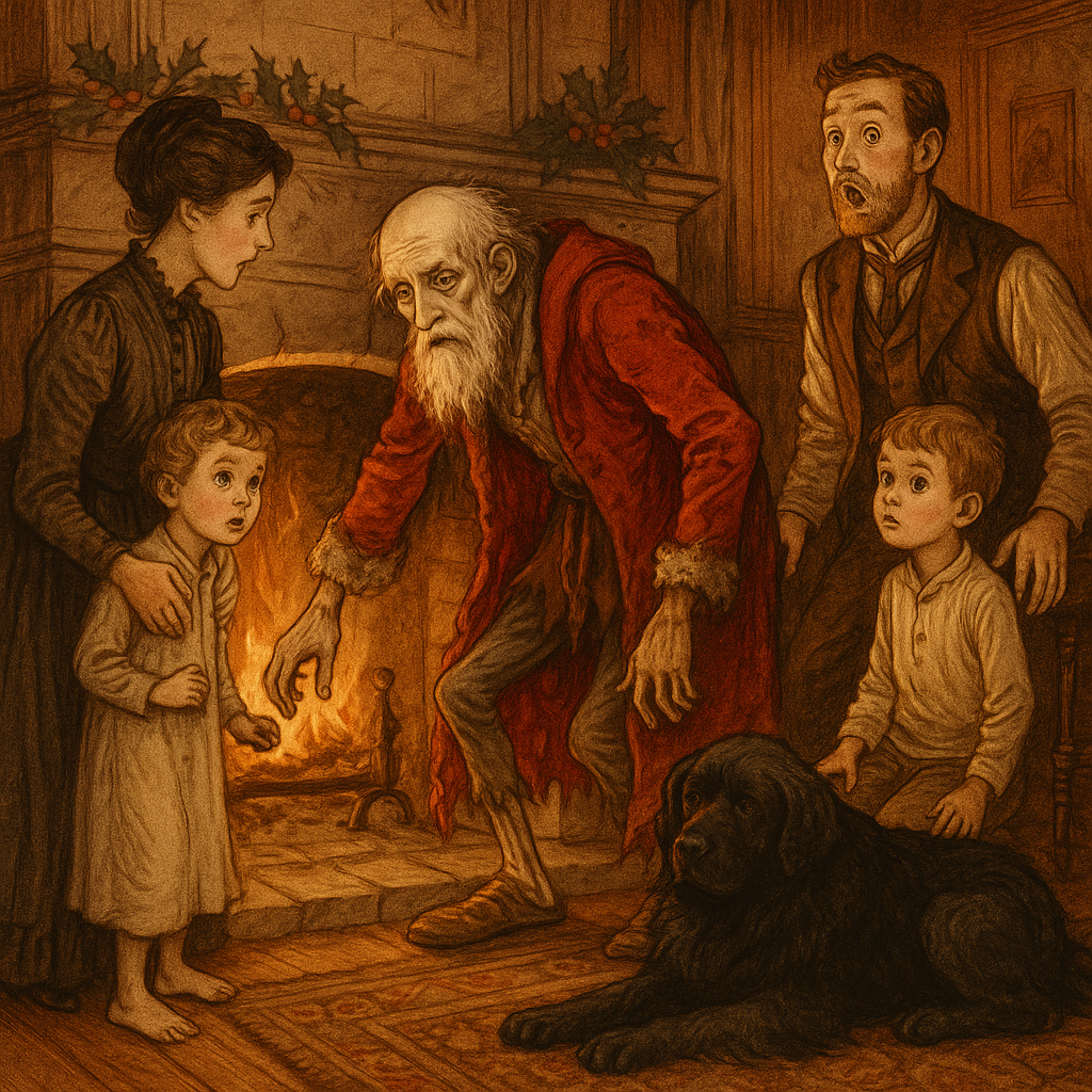 A thin, shabby Santa Claus climbs out of a glowing fireplace, surprising a Victorian family in "The Hard Times in Elfland."