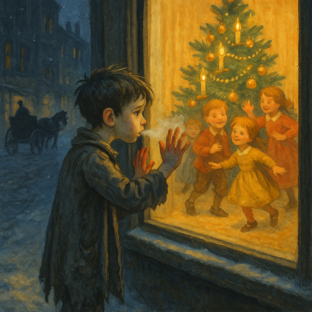 A freezing, ragged boy presses his hands against a glowing Christmas shop window in The Heavenly Christmas Tree.