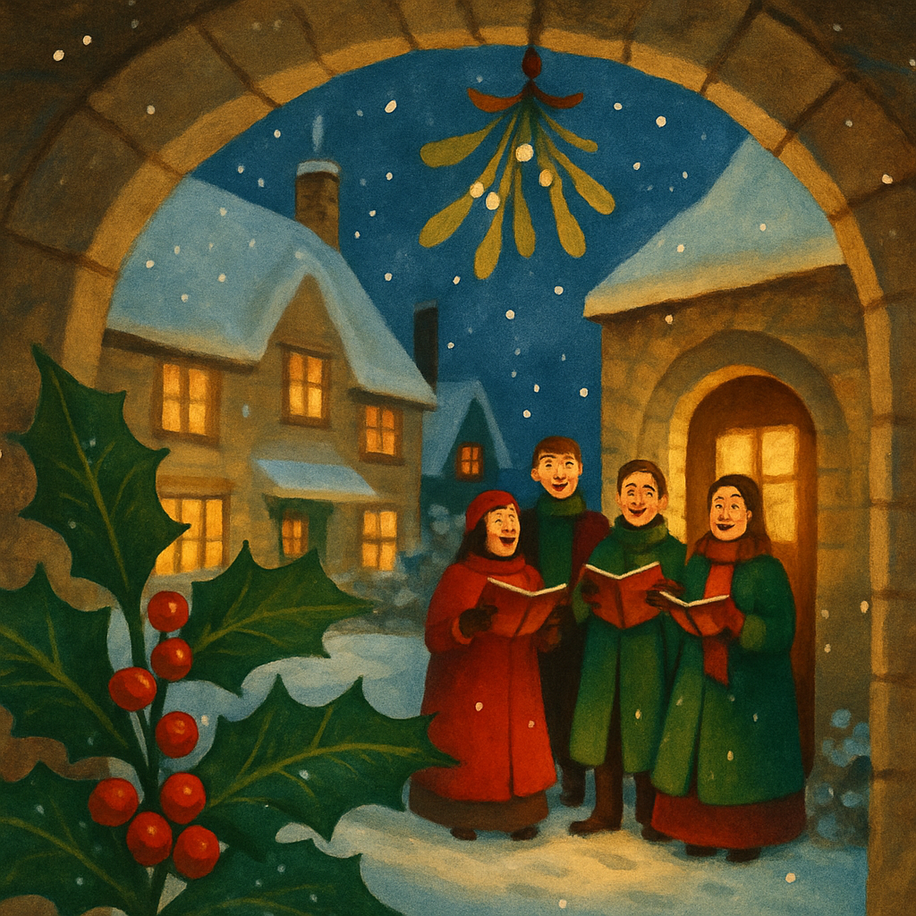 Holly branch with red berries and carolers in the snow, illustrating The Holly Berry poem by Thomas Miller.