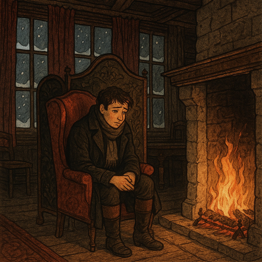 A lone traveller sits by a blazing fire inside the snowy Holly-Tree Inn, in Dickens's The Holly-Tree.