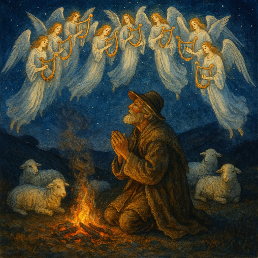A shepherd kneeling in awe as silver-winged angels appear around him on Christmas Eve, in The Holy Night.