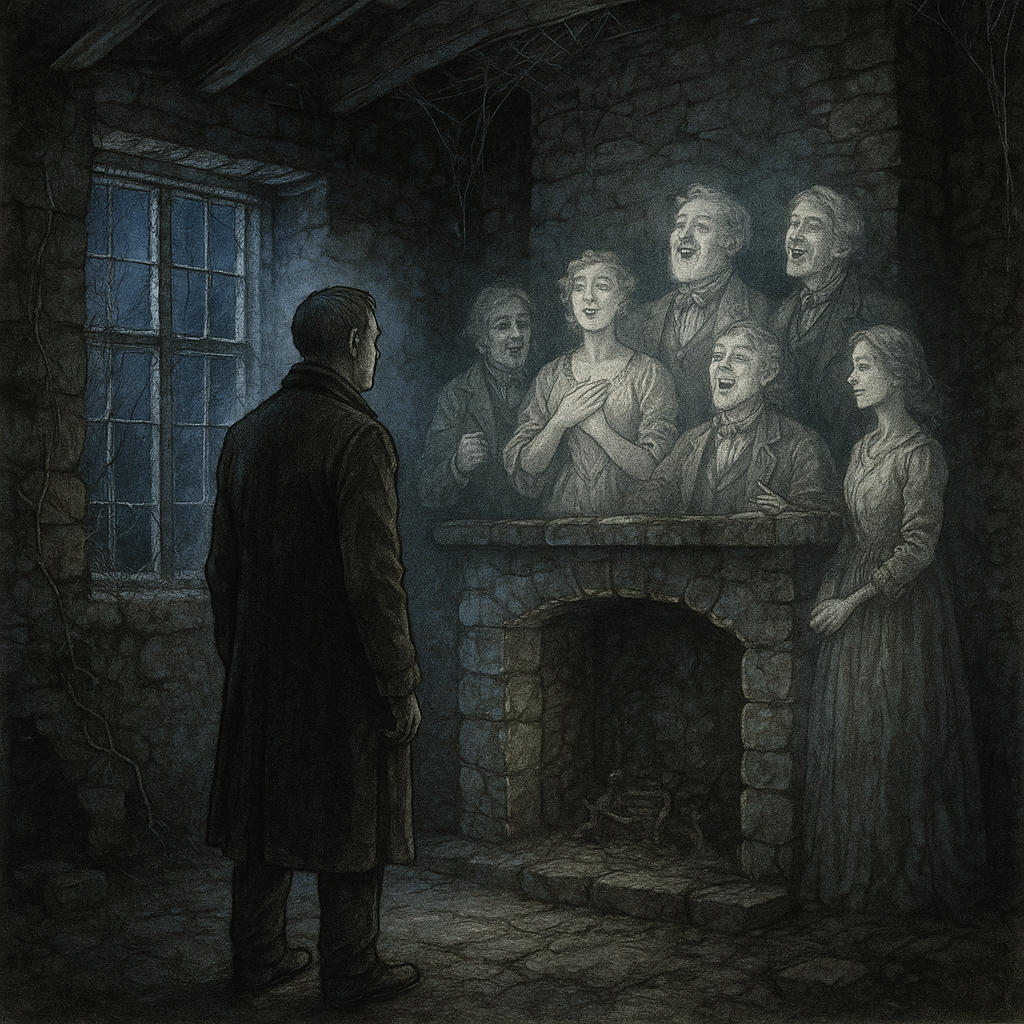 A lone man sees ghostly Victorian revellers by a moonlit hearth, illustrating The House of Hospitalities by Thomas Hardy.
