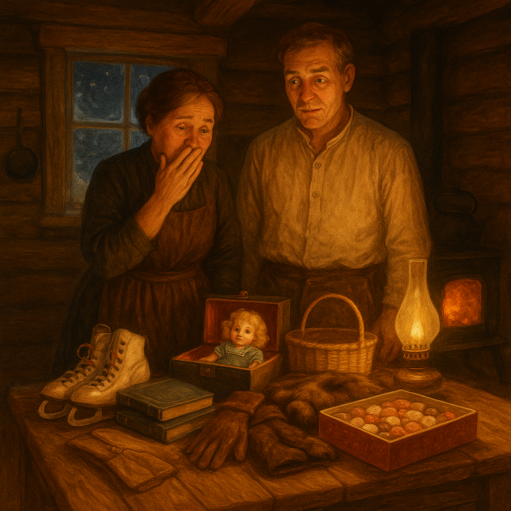 A mother and father discover a table overflowing with Christmas gifts in a scene from The Josephs' Christmas.