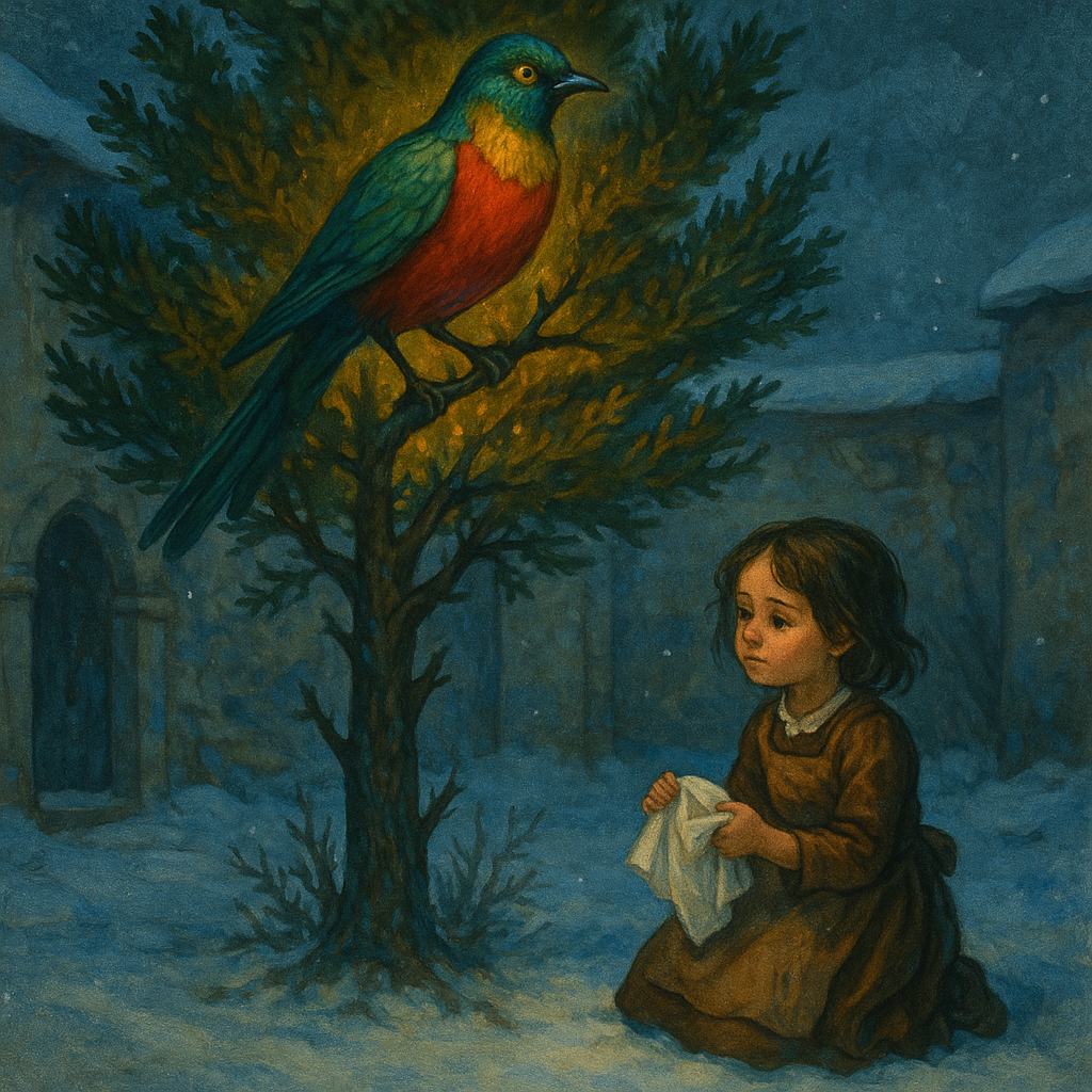 A glowing magical bird perches in the juniper tree as little Marleen kneels below in the snow in The Juniper Tree.