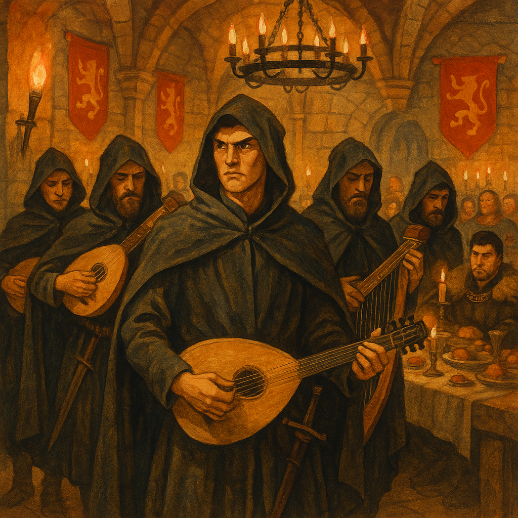 Horn and his knights disguised as harpers enter Fikenhild's feast hall in The King of Suddenne.