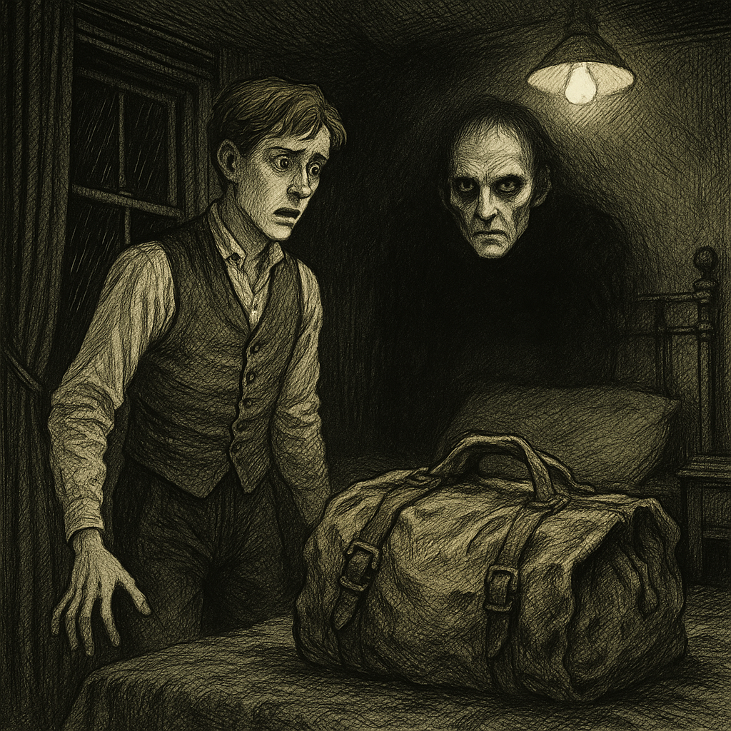 Johnson stares in terror at John Turk's apparition rising behind the kit-bag in The Kit-Bag by Algernon Blackwood.
