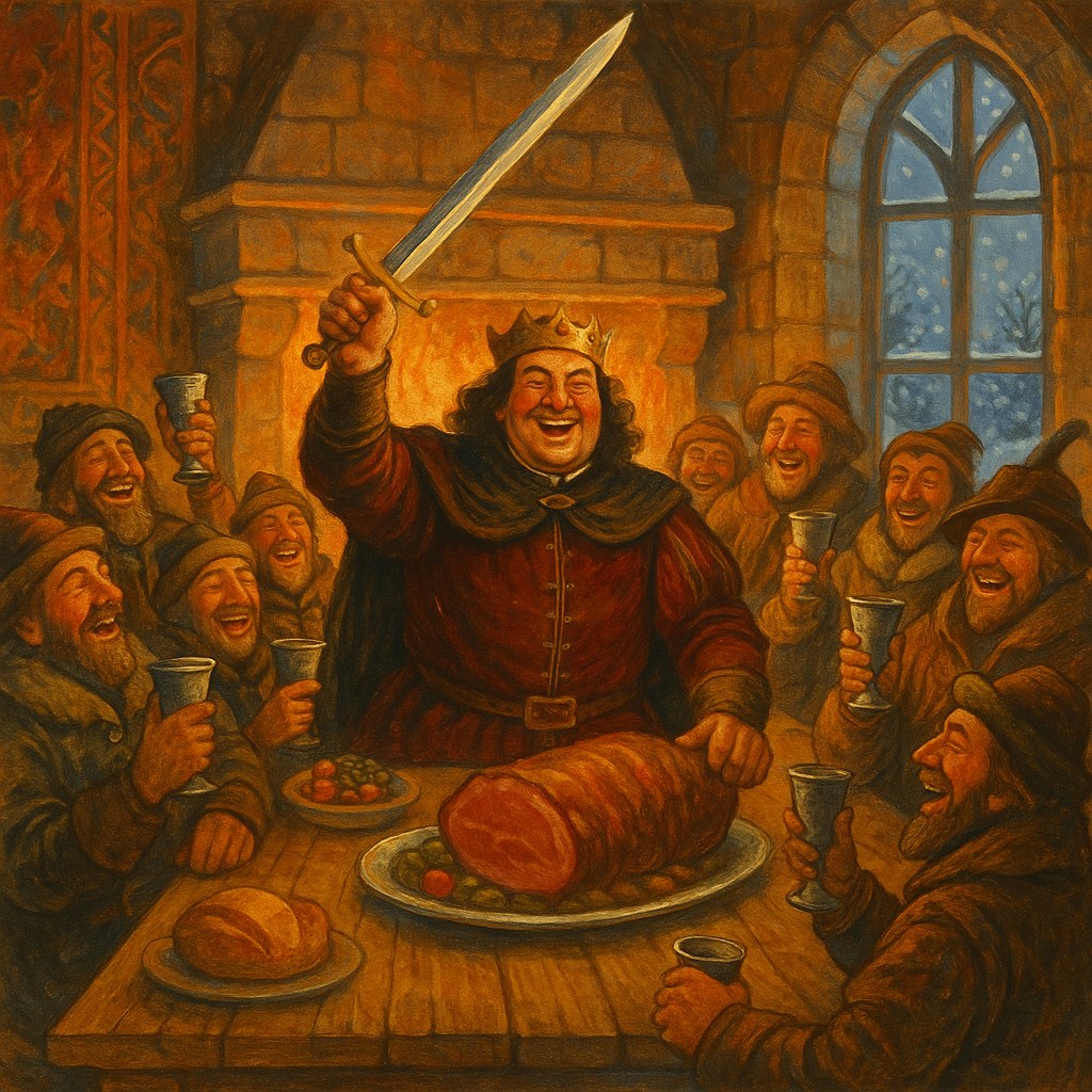 King Charles II knighting a loin of beef at a feast in "The Knighting of the Sirloin"