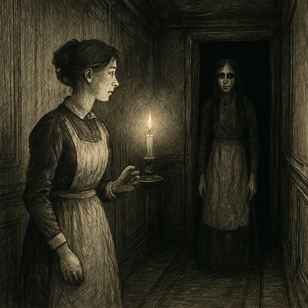 A lady's maid holds a candle facing a pale ghostly woman in a dark corridor, from The Lady's Maid's Bell