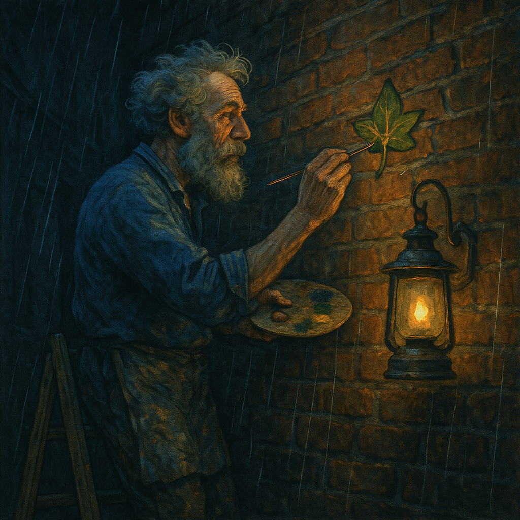An elderly painter on a ladder paints a single ivy leaf on a brick wall by lantern light — scene from The Last Leaf.