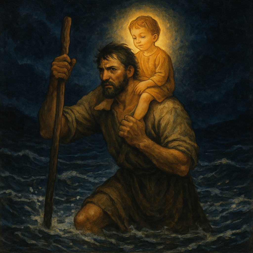 Offero carries the glowing child across a stormy river in The Legend of St. Christopher