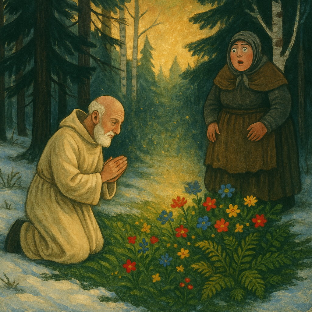 Abbot Hans kneels in the magically blooming Göinge forest on Christmas Eve, in The Legend of the Christmas Rose.