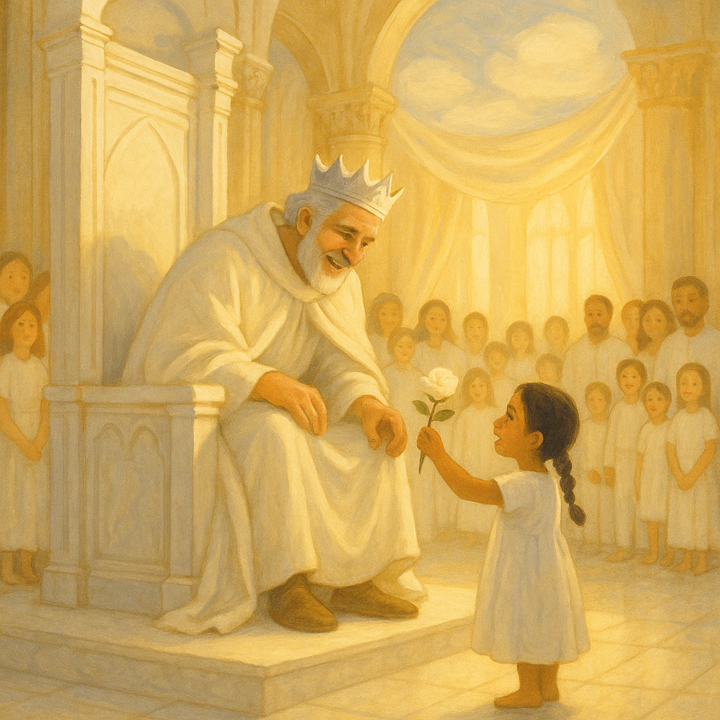 A small girl offers a white rose to a king on his white throne, from The Legend of the White Gifts.