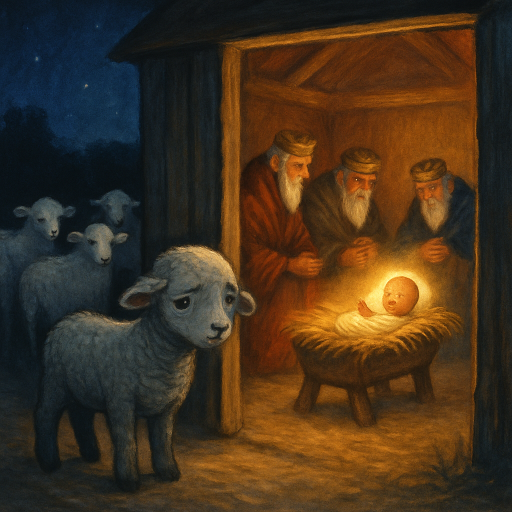 A little gray lamb stands at a stable doorway as the Christ Child reaches out, in The Little Gray Lamb poem.