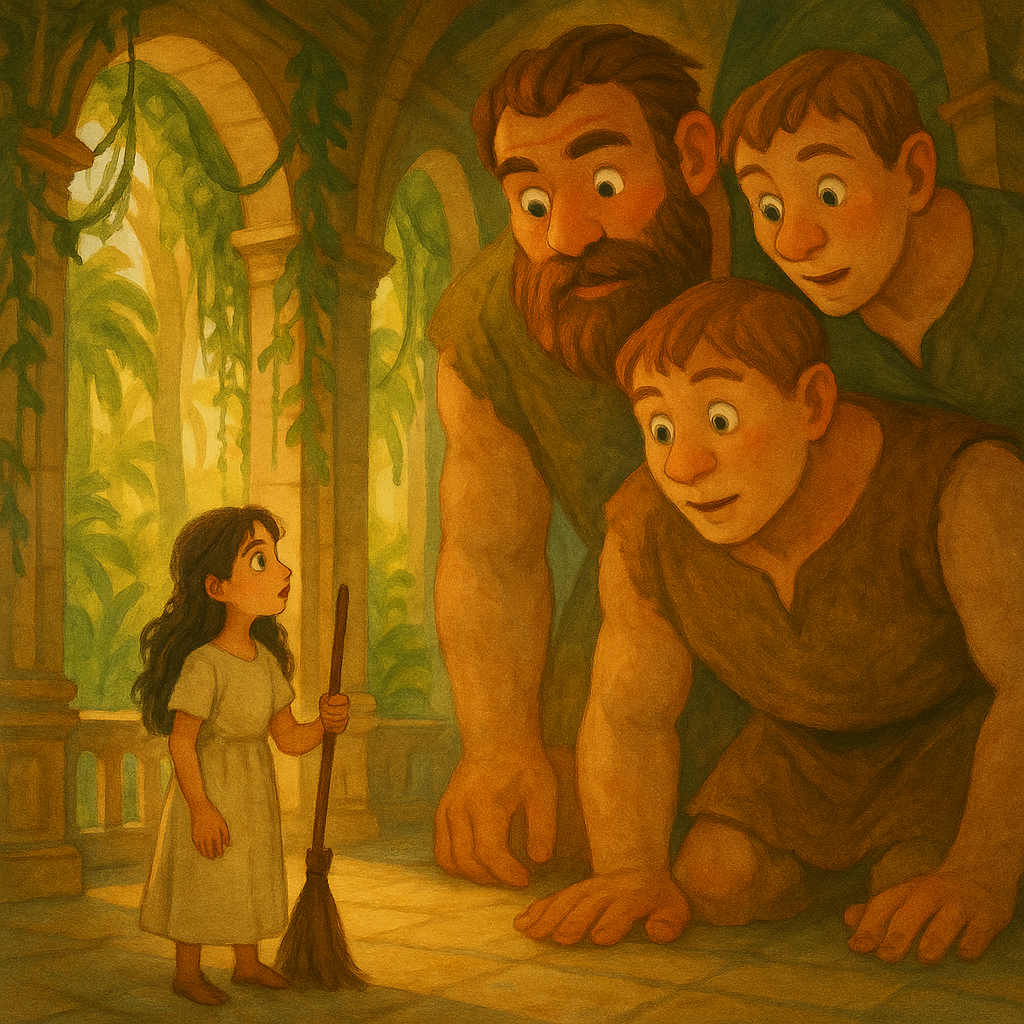 Angelita meets the three giants in their palace in The Little Sister of the Giants