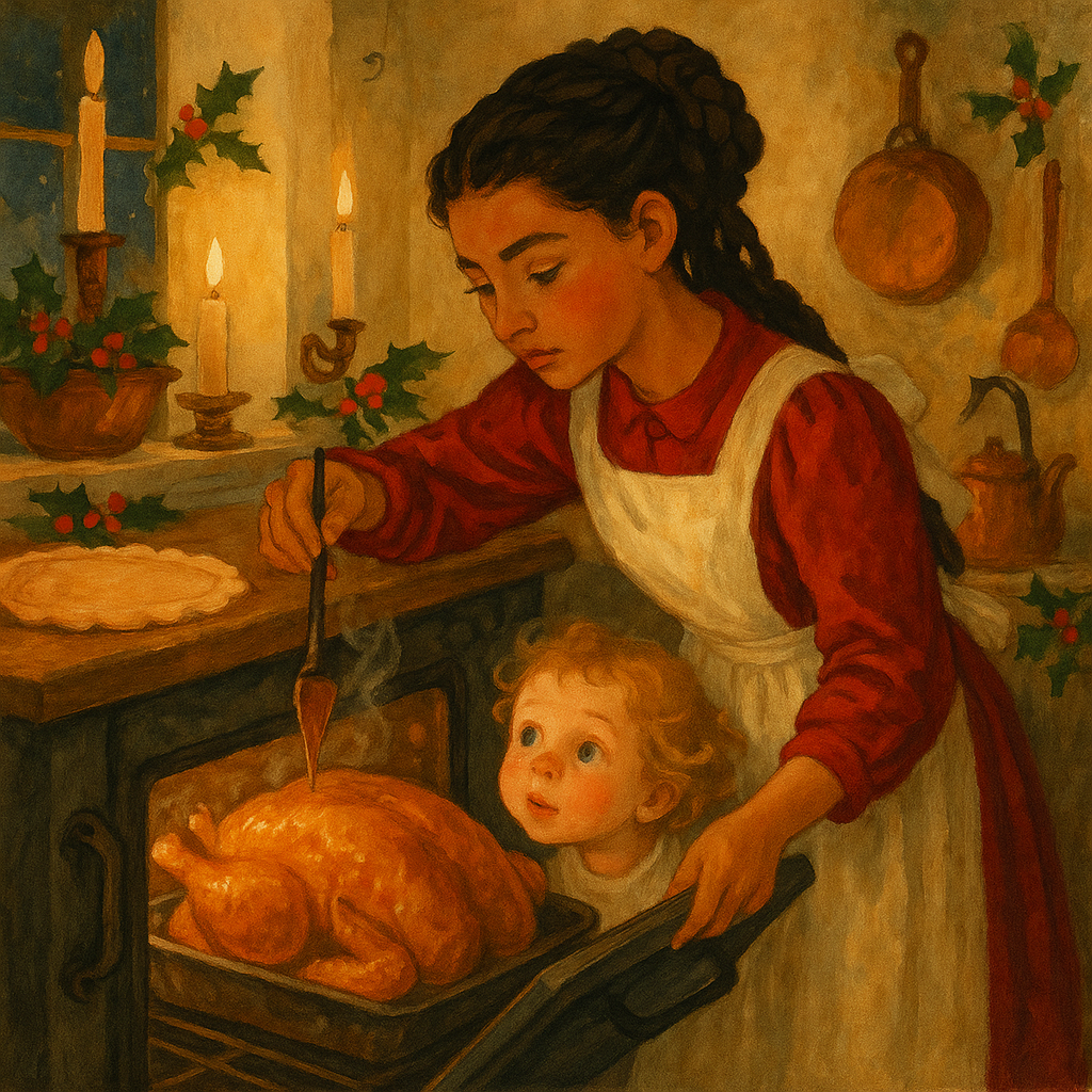 Peggy basting the Christmas turkey while little Minna peeks into the oven — scene from The Little Sister's Vacation