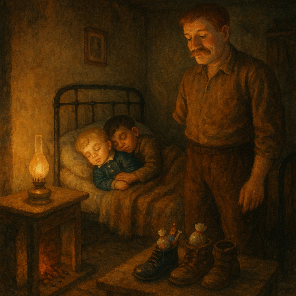 Two sleeping boys on an iron bed with shoes by the hearth, a one-armed man watching over them, from The Lost Child.