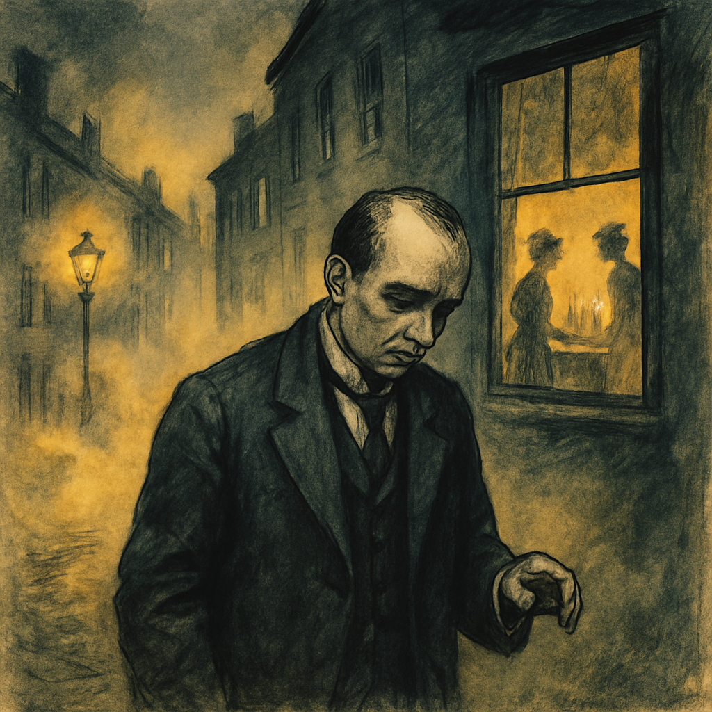 A hesitant middle-aged man in formal Edwardian dress stands alone in foggy gaslit streets in The Love Song of J. Alfred Prufrock.