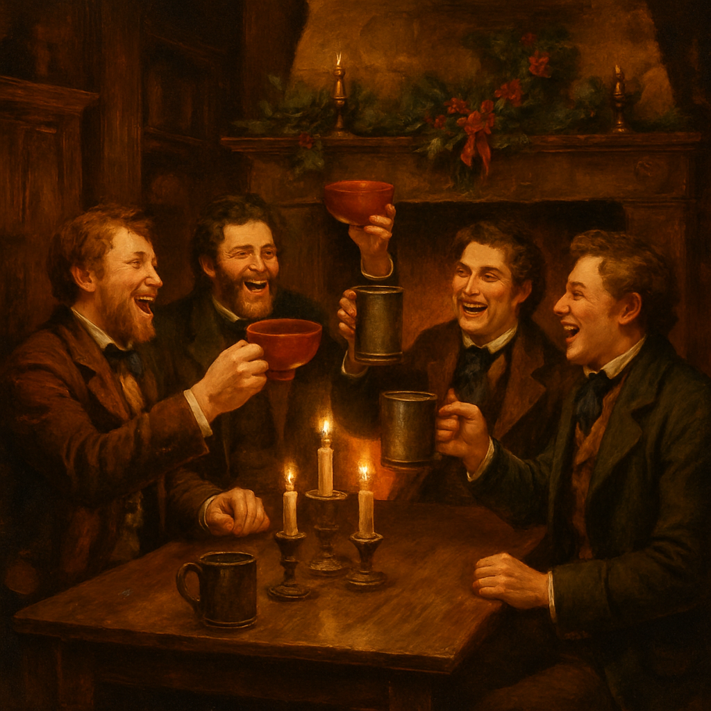 Men raising bowls in a toast around a mahogany table in a candlelit Victorian tavern, illustrating The Mahogany Tree