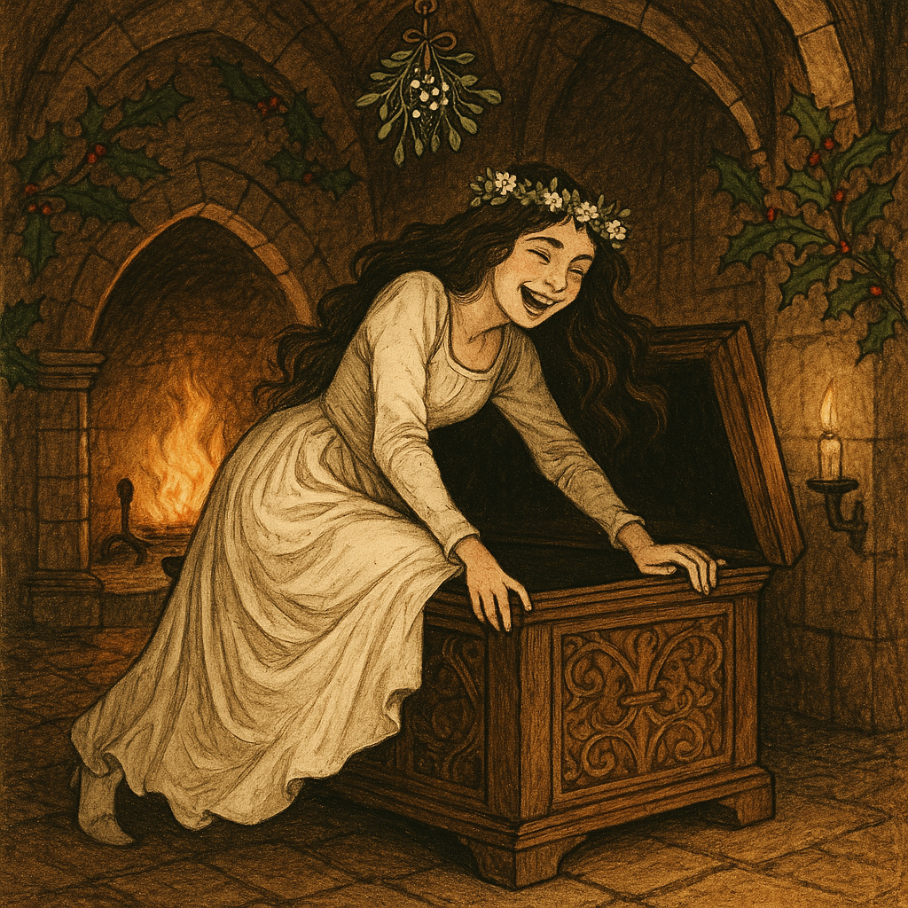 A young bride in a white gown hides in an oak chest by firelight — scene from The Mistletoe Bough.
