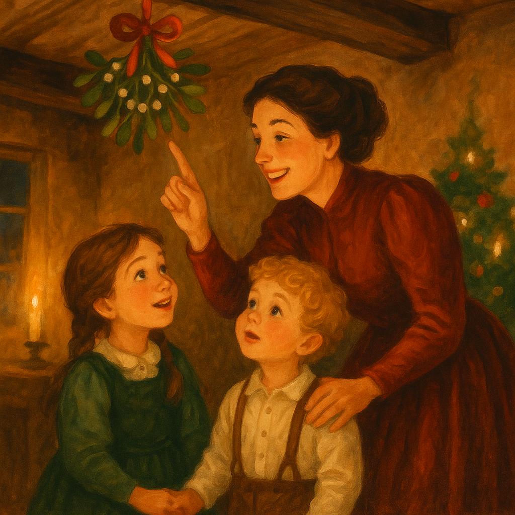 A Victorian mother points to hanging mistletoe for two young children, scene from The Mistletoe by George MacDonald.