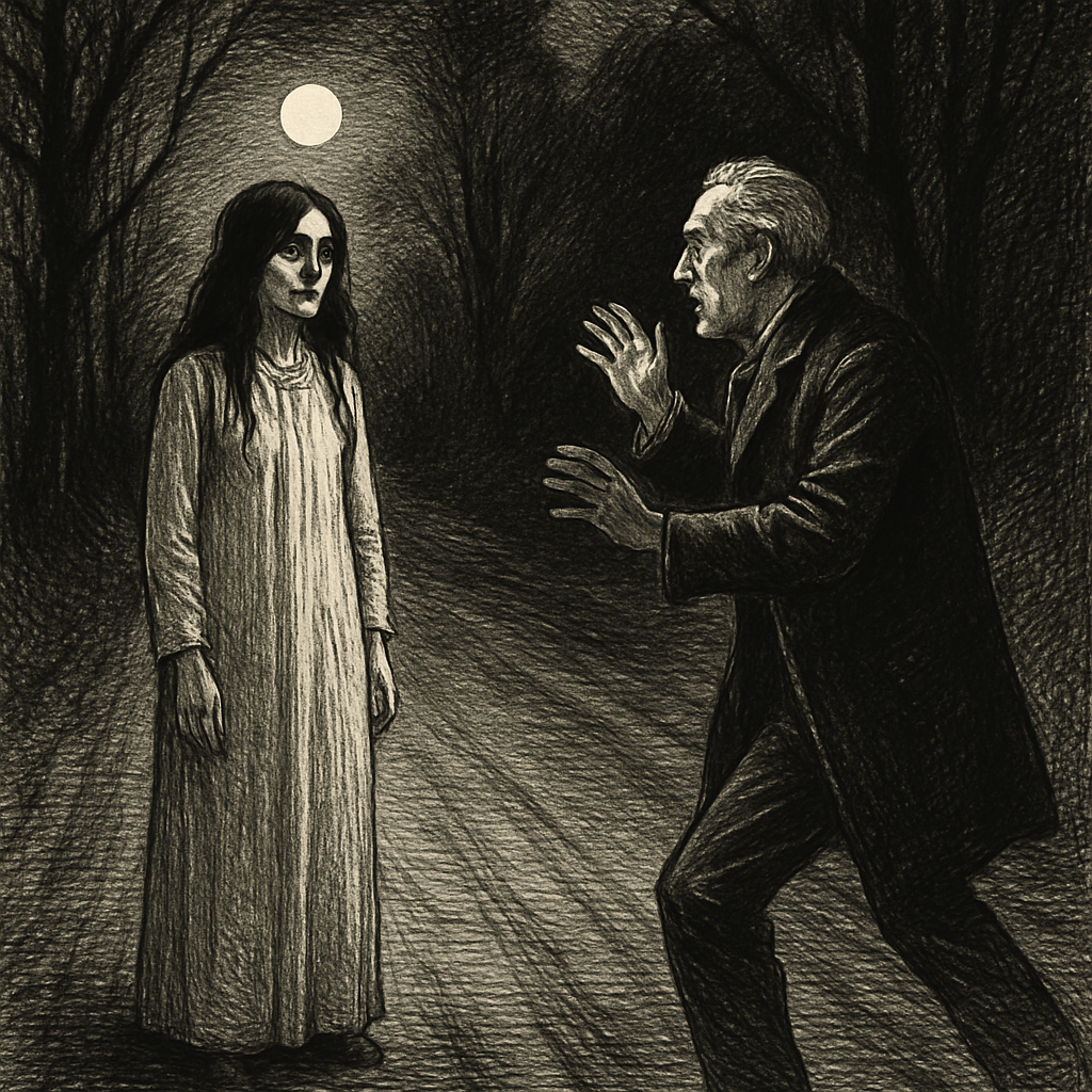 A ghostly woman in white faces a terrified man on a moonlit road, illustrating The Moonlit Road by Ambrose Bierce.