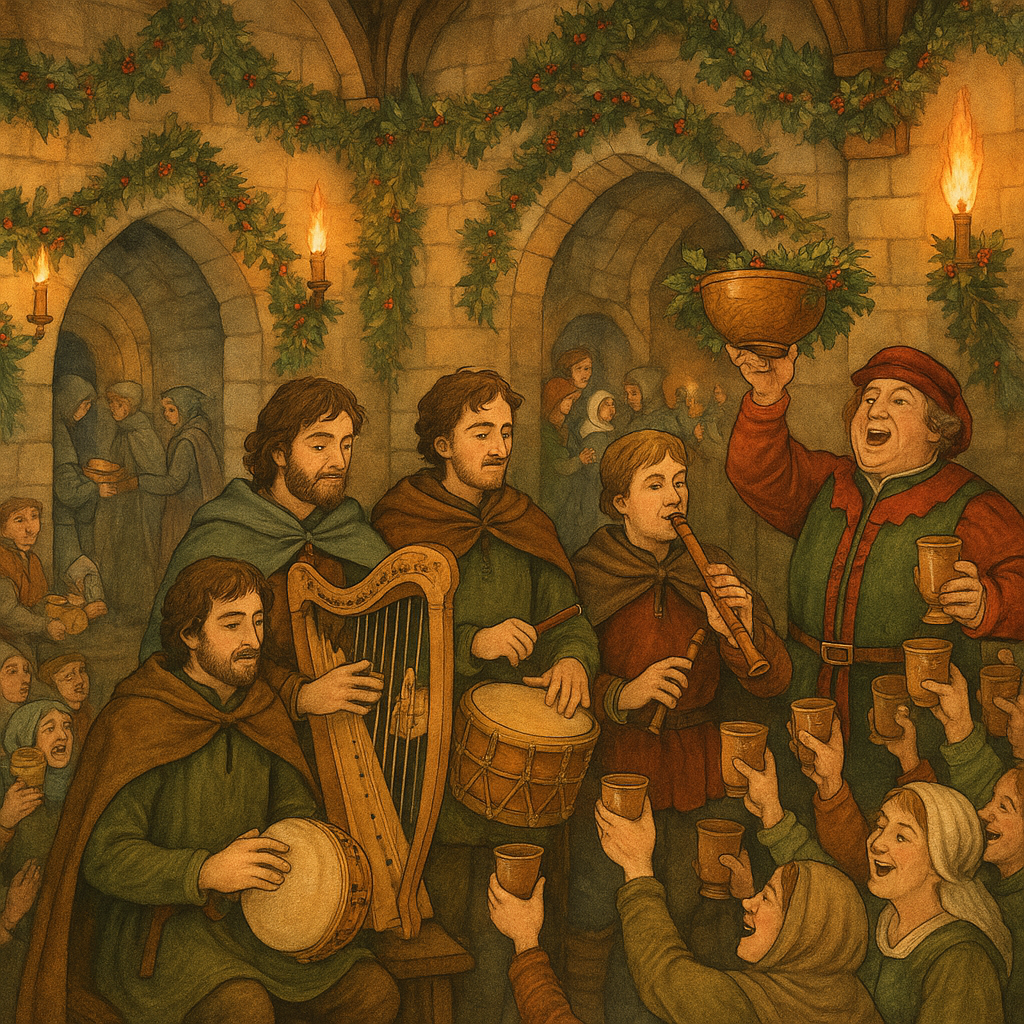 Minstrels play in a candlelit Christmas hall as the Master of Ceremonies raises the wassail bowl — The Music in the Hall.
