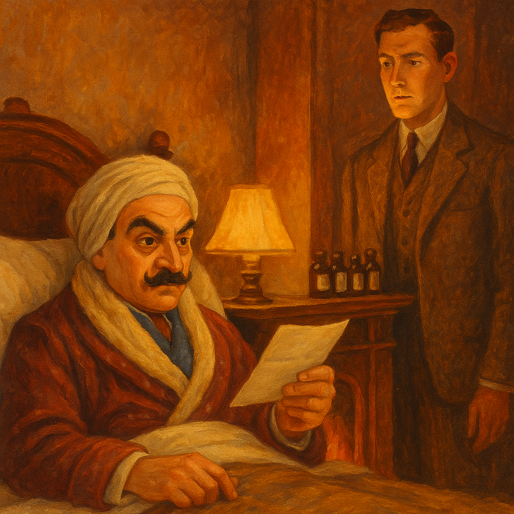 Poirot reads a telegram from his sickbed in The Mystery of Hunter's Lodge by Agatha Christie