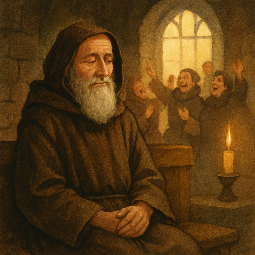 An elderly monk sits in serene solitude in a stone chapel, apart from celebrating brethren, in The Mystic's Christmas.