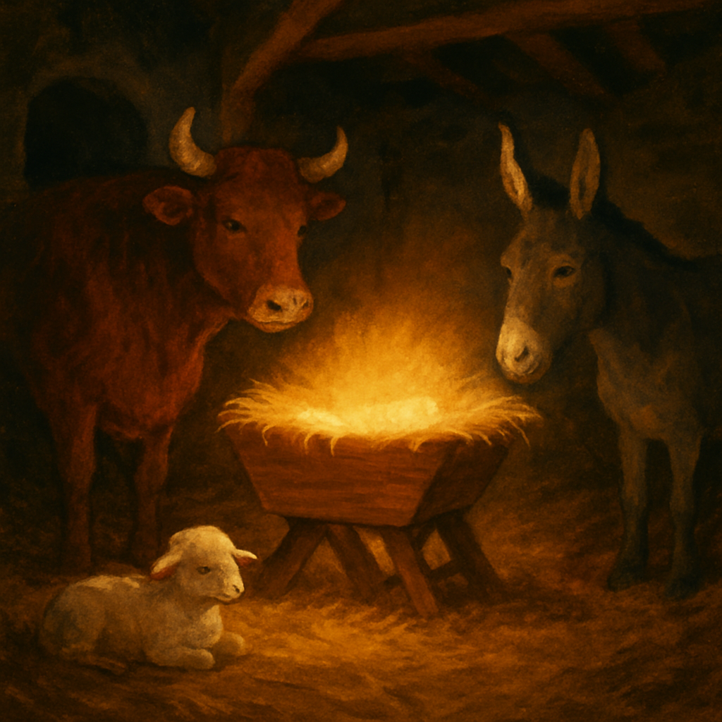 A glowing manger surrounded by an ox, donkey, and sheep in a humble stable — scene from The Nativity by C.S. Lewis.