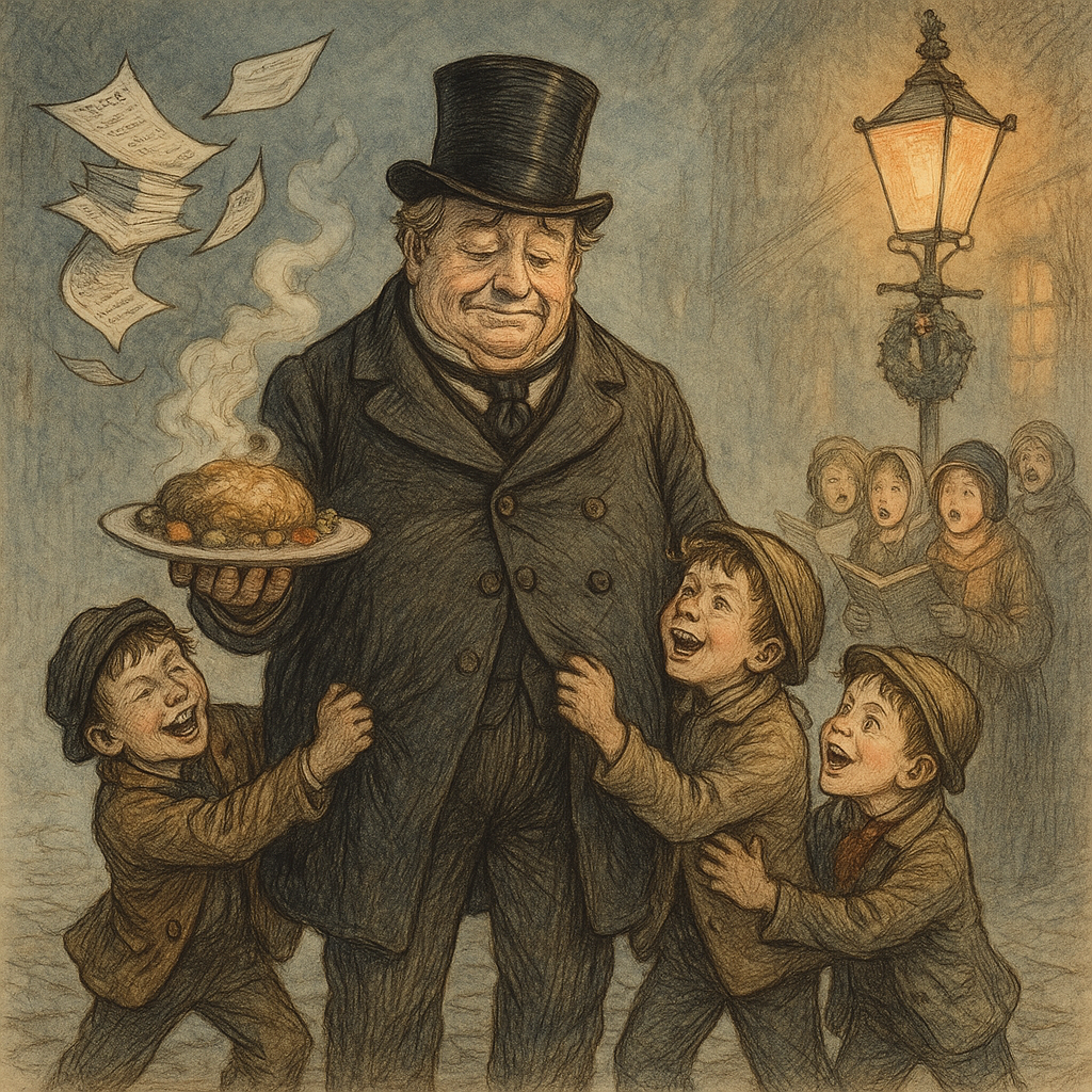 A weary Victorian gentleman surrounded by holiday chaos, illustrating The Newest Thing in Christmas Carols.