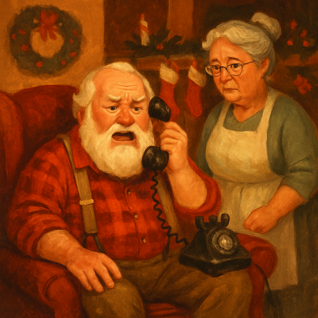 Santa Claus sits by the fire looking frustrated on the phone, in "The Night After Christmas" by Anne P. L. Field.