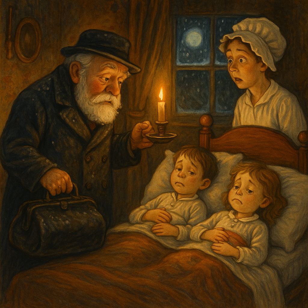 A solemn old doctor visits two sick children in bed the night after Christmas, illustration for the poem.