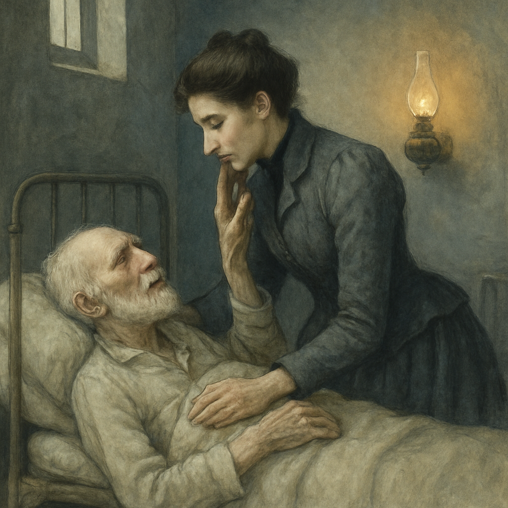 A woman leans over a frail blind old man reaching toward her in a bare institutional room, scene from The Old Man's Christmas.