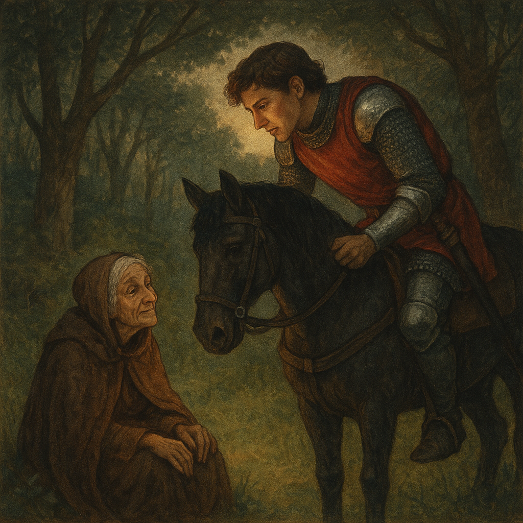 A young knight on horseback speaks to a mysterious old woman in a forest glade, in The Old Woman And The Knight.
