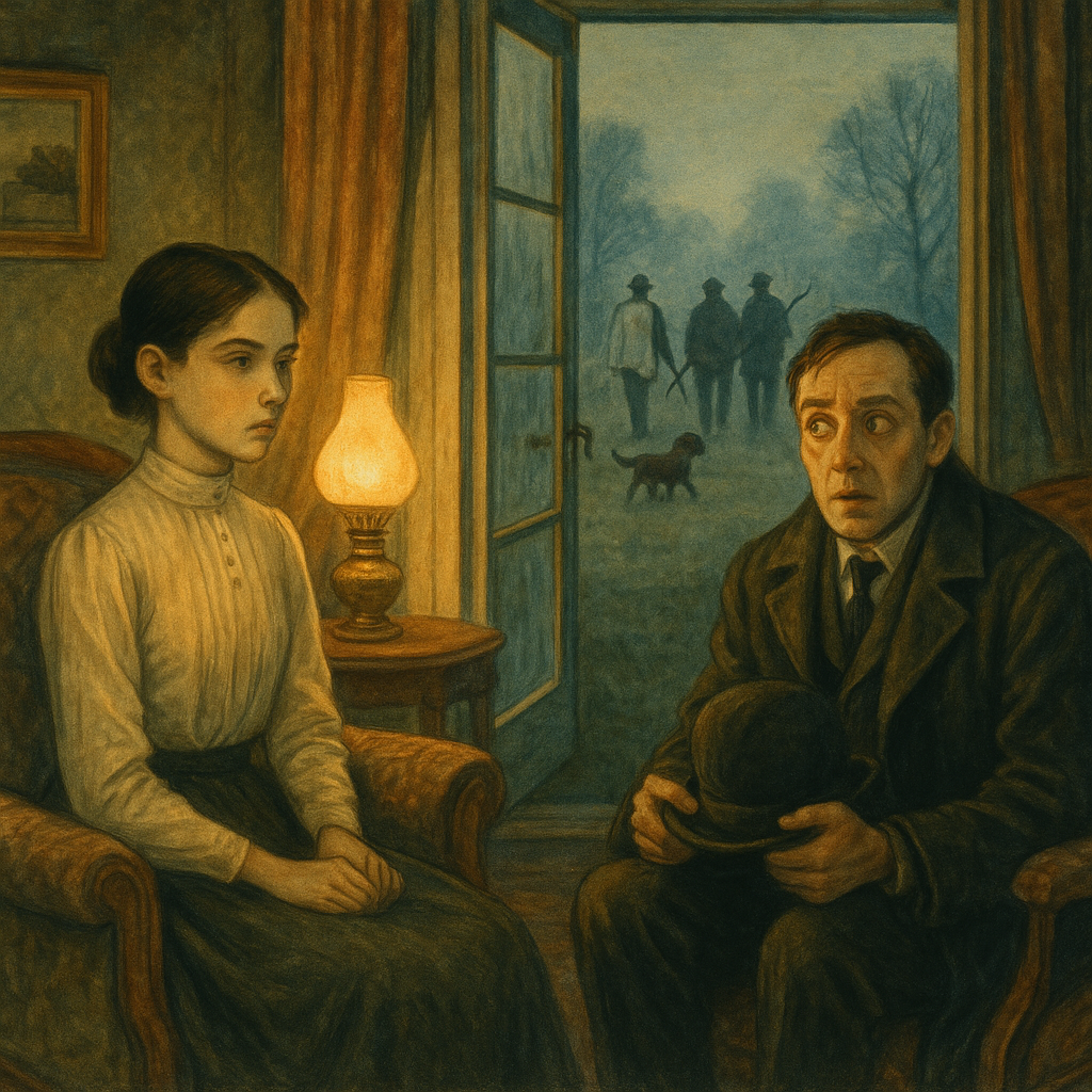 A nervous man stares at figures approaching through the open window in Saki's The Open Window, watched by a calm young girl.