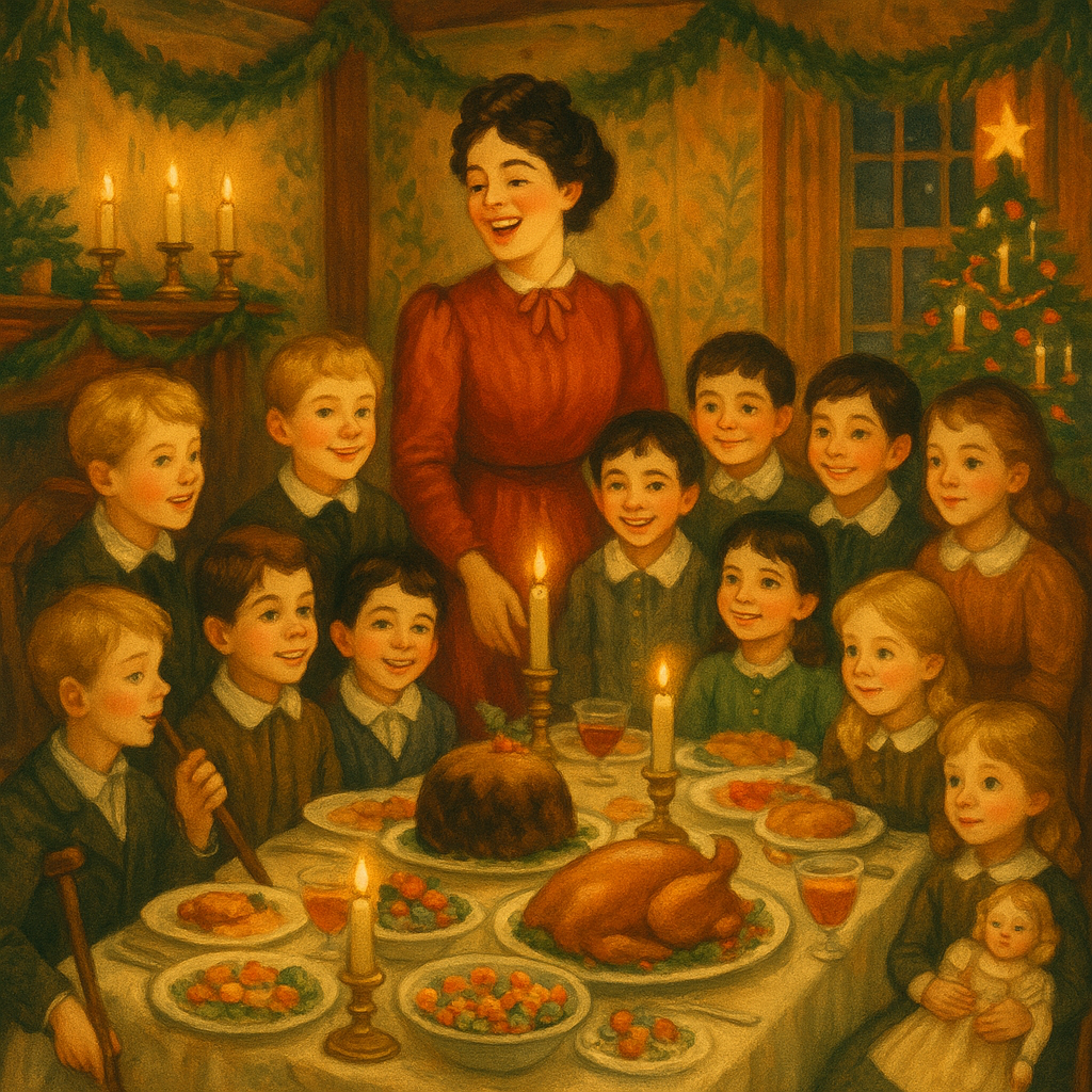 Children from different families sharing a joyful Christmas feast in The Osbornes' Christmas by L.M. Montgomery.