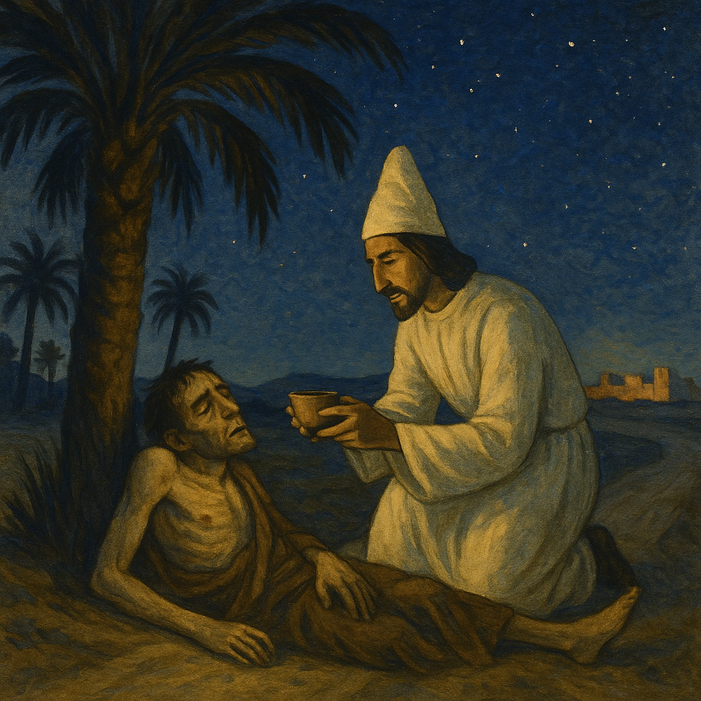 Artaban the Magi kneels to help a dying stranger in a moonlit palm grove, a scene from The Other Wise Man.