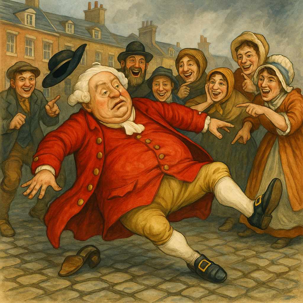 A pompous elderly gentleman slipping on a cobblestone street, mocked by a crowd — scene from The Pantomime of Life