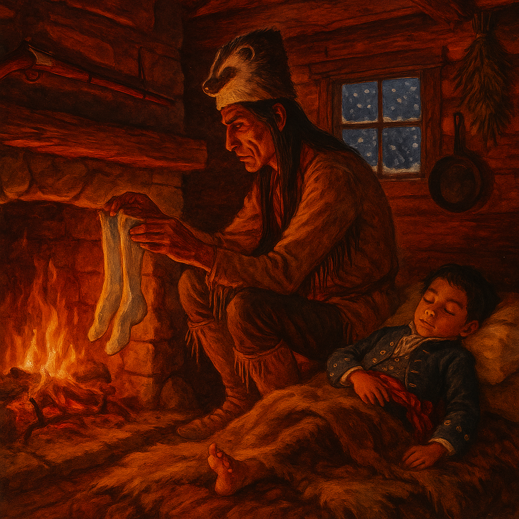Cherokee Sam holds silk stockings by firelight as the patroncito sleeps, in The Patroncito's Christmas