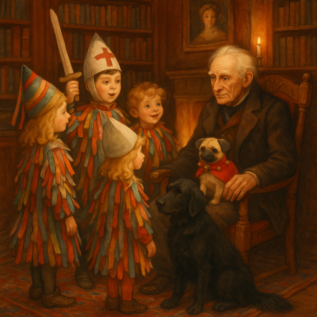 Five children in mumming costumes perform The Peace Egg before an elderly man by the fire in a candlelit Victorian library.