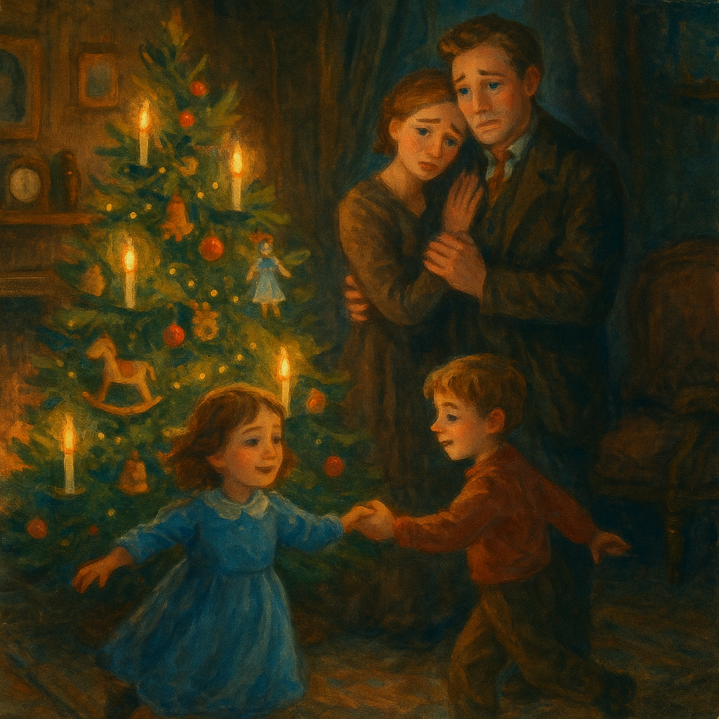 A couple watches their children dance around a Christmas tree in "The Peace of Christmas-Time"
