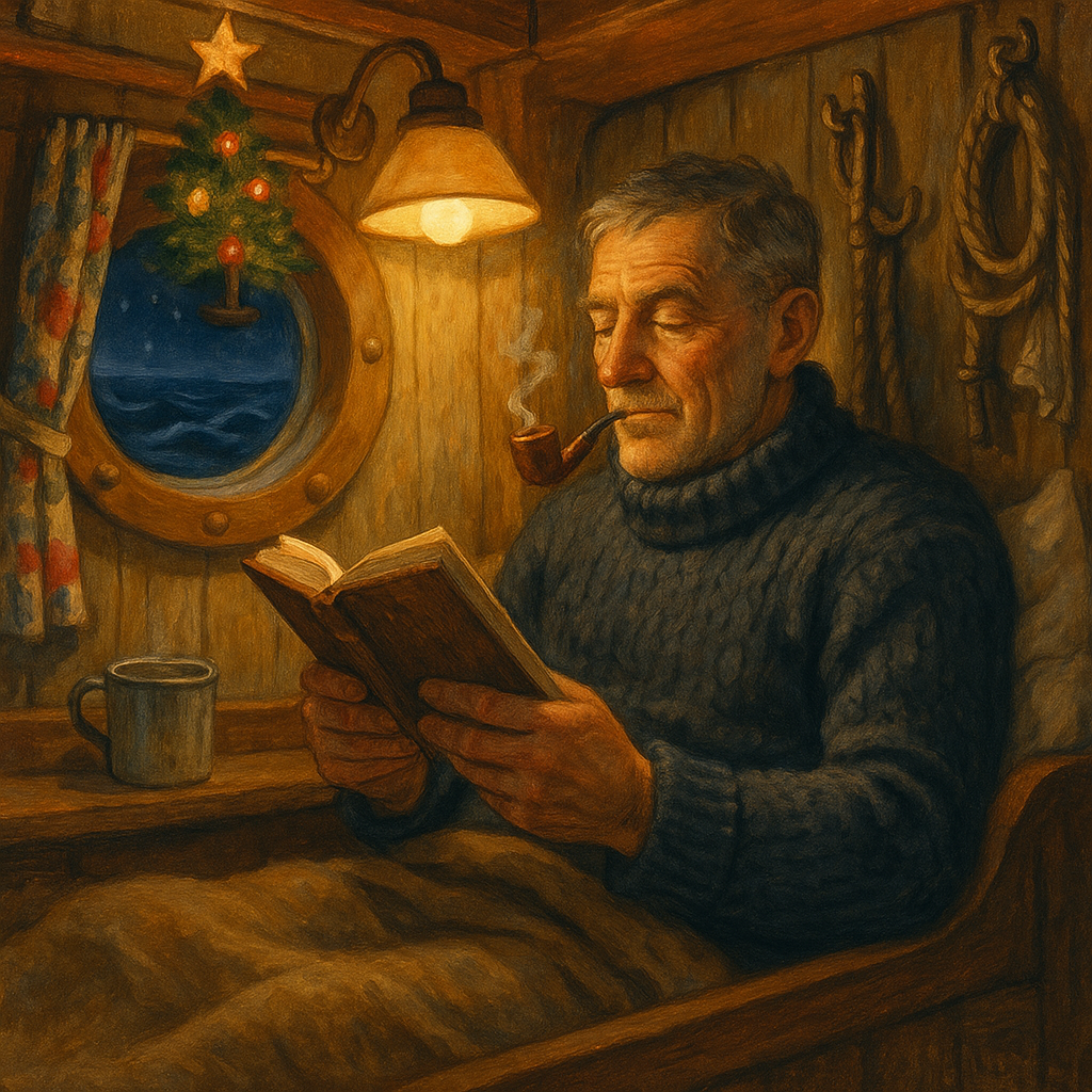 A seafaring man reads contentedly in his ship's bunk by lamplight on Christmas Eve, in The Perfect Reader.