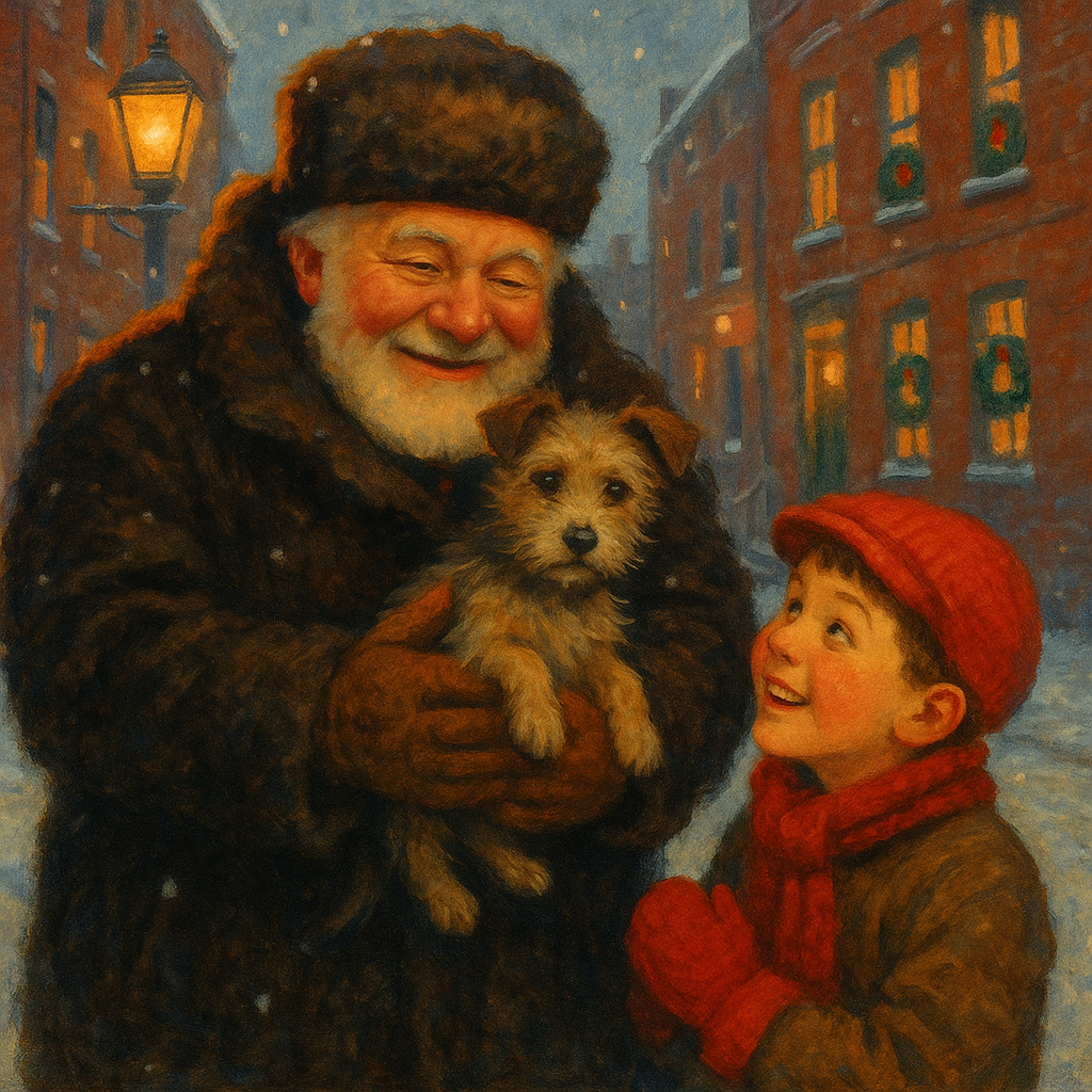 An elderly man in a fur coat holds a small terrier puppy on a snowy street beside a boy in a red cap — The Philanthropist's Christmas