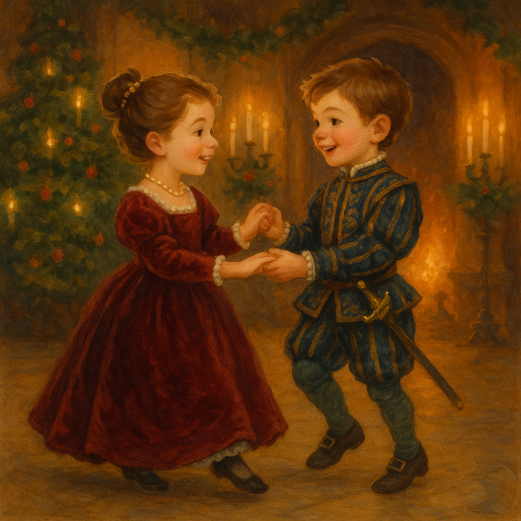 A girl and boy in jeweled finery dancing by candlelight on Christmas night, illustrating The Picture by Mary Mapes Dodge.