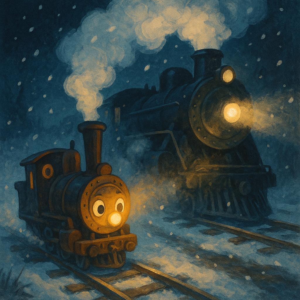 A tiny pony engine races ahead of the giant Pacific Express through a snowy night, in The Pony Engine and the Pacific Express.