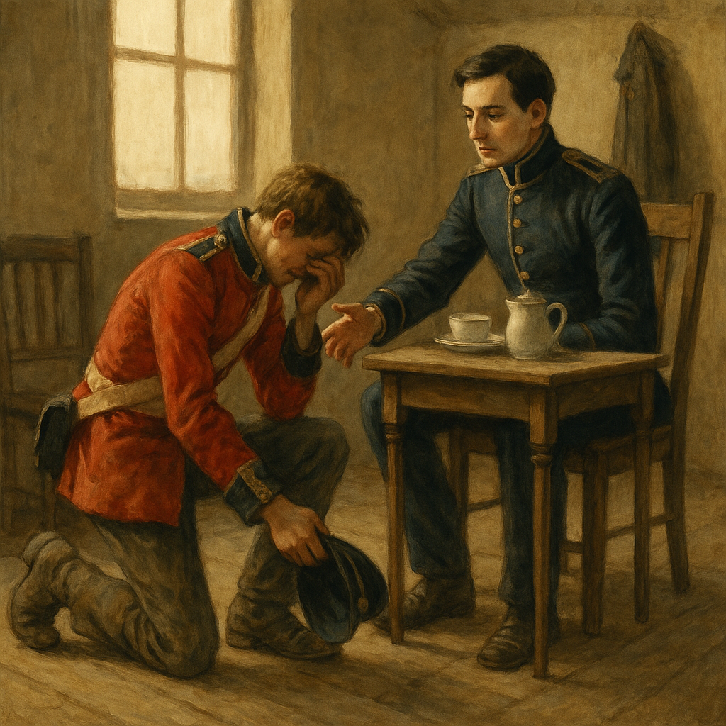 A young soldier kneels before Captain Taunton in a sparse barracks room, in a scene from The Poor Traveler.