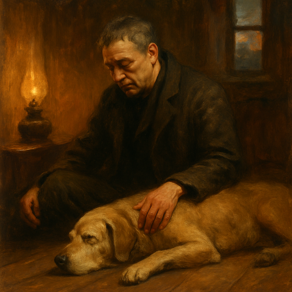 A grieving man rests his hand on his dying dog in a dim Victorian room, illustrating The Power of the Dog.