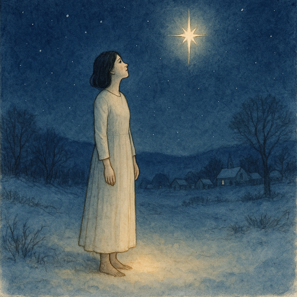 A woman gazes at a shining star in a snow-covered night sky, illustrating the poem The Prince of Peace.